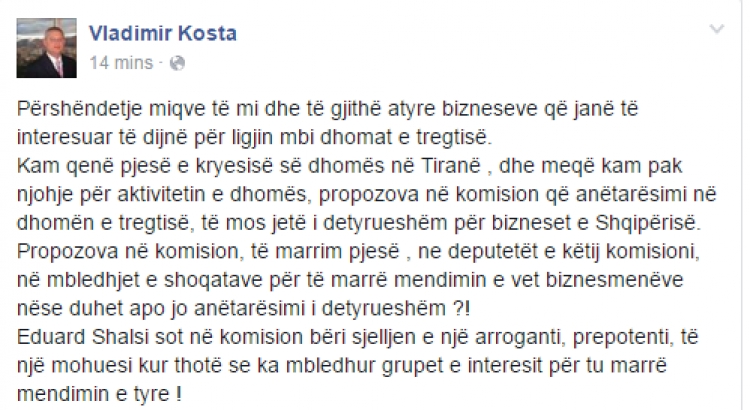 Vladimir Kosta: Eduard Shalsi arrogant dhe prepotent