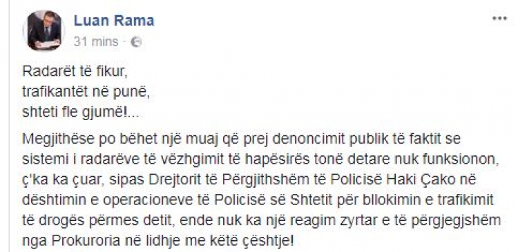 Luan Rama i revoltuar: “Edhe pse mosfunksionimi i radarëve  u denoncua ende nuk është bërë asgjë”, ja deklarata e tij