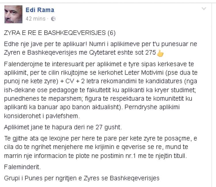 275 aplikime për Zyrën e Bashkëqeverisjes. Rama: “Edhe një javë për të aplikuar!”