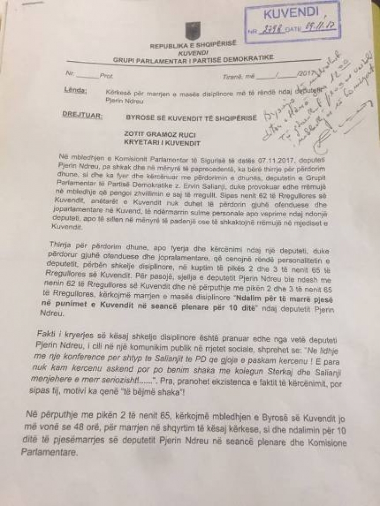 PD kërkon përjashtimin nga Kuvendi me 10 ditë për deputetin Pjerin Ndreu pas kërcënimeve drejtuar deputetit Ervin Salianji