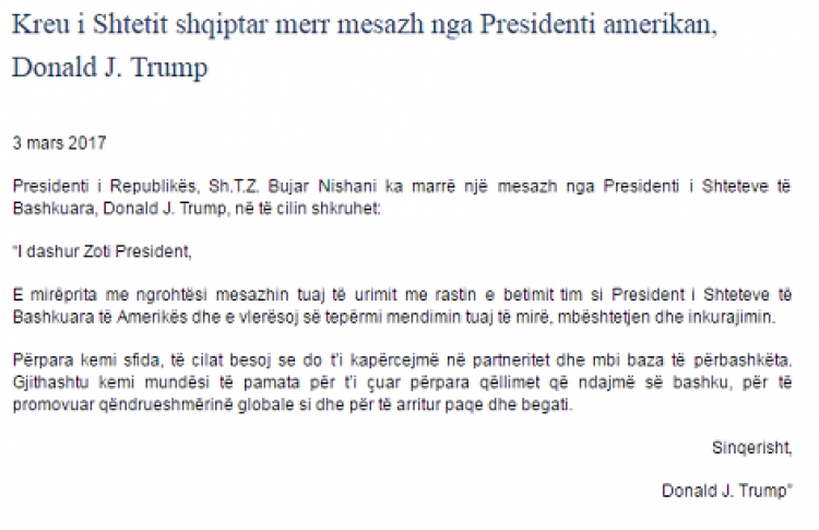 Trump “nuk harron” Bujar Nishanin