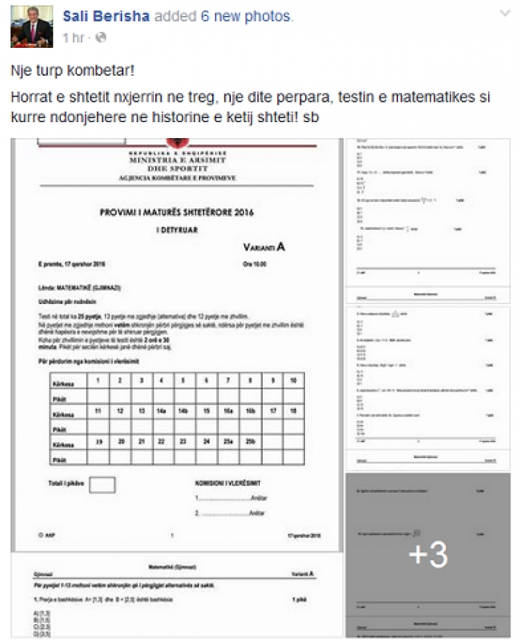 Testi i matematikës në “treg” një ditë para provimit, Berisha “TURP KOMBËTAR”