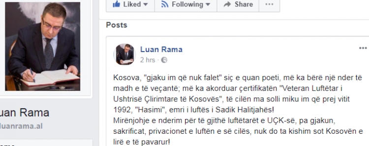 Luan Rama merr vlerësim nga Kosova. Mësojeni për çfarë [FOTO]