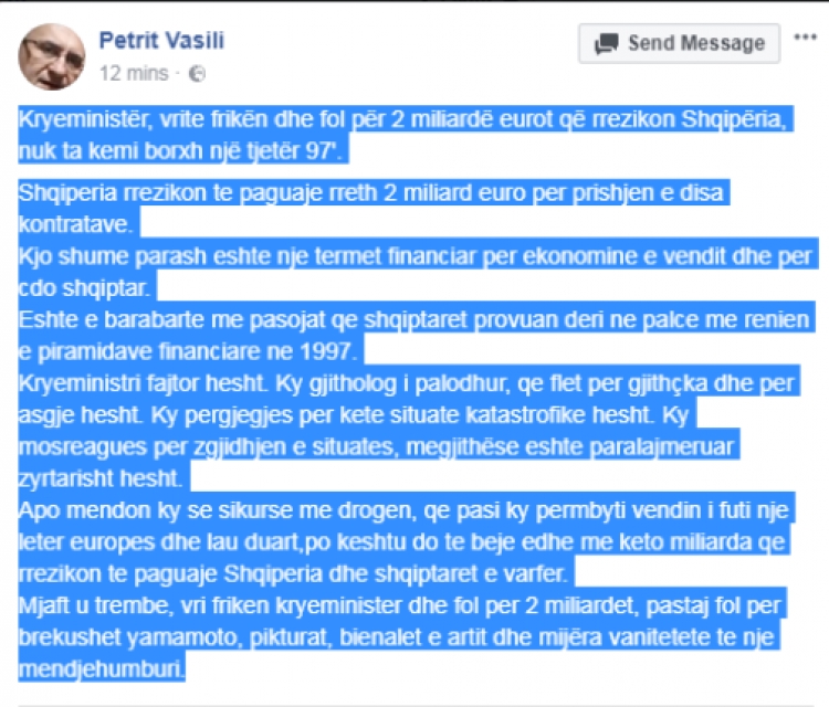 Petrit Vasili thirje drejtuar kryeministrit Rama: “Vrite frikën dhe fol nuk ta kemi borxh një tjetër 97’
