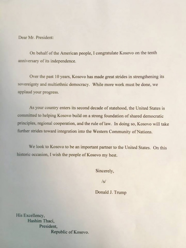Presidenti Trump letër urimi presidentit Hashim Thaçi në prag të dhjetëvjetorit të pavarësisë së Kosovës