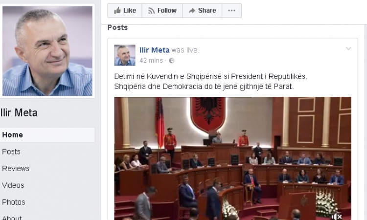 Presidenti Ilir Meta bëhet me Facebook ditën e betimit