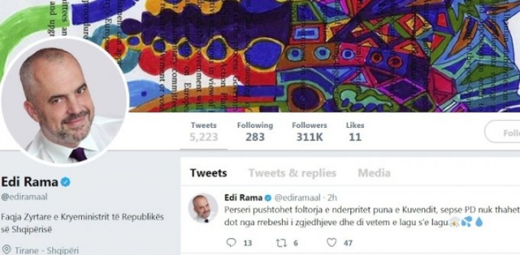 Kryeministri Edi Rama në Twitter: “PD nuk thahet dot nga rrebeshi i zgjedhjeve”